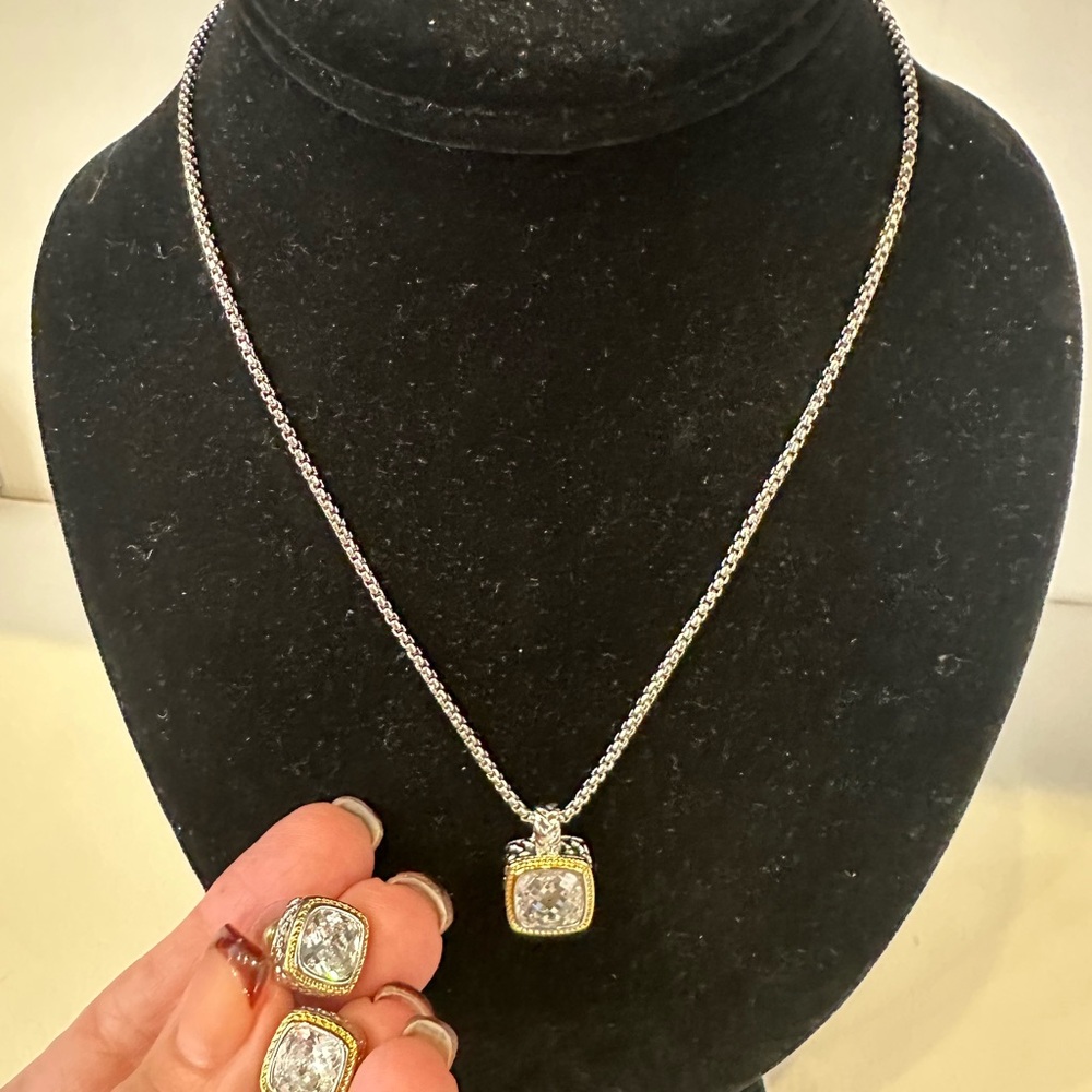 Silver and Gold Pendant Necklace and Earring Set